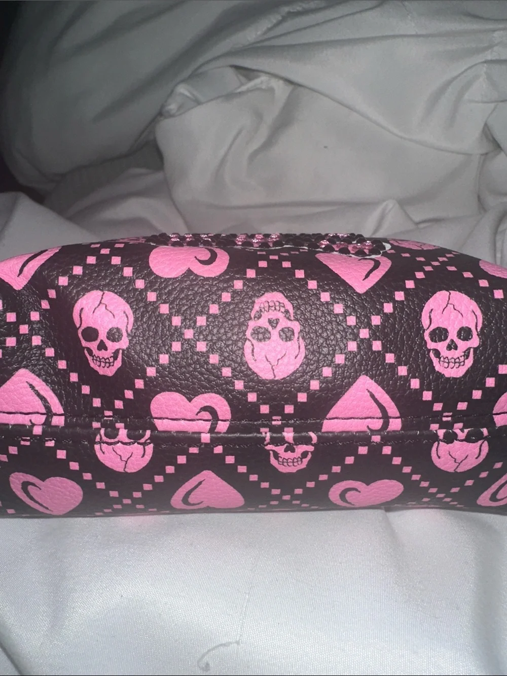 NWT ed Hardy Pink and Black Rhinestone Skull Kiss-Lock Wristlet with gunmetal ac